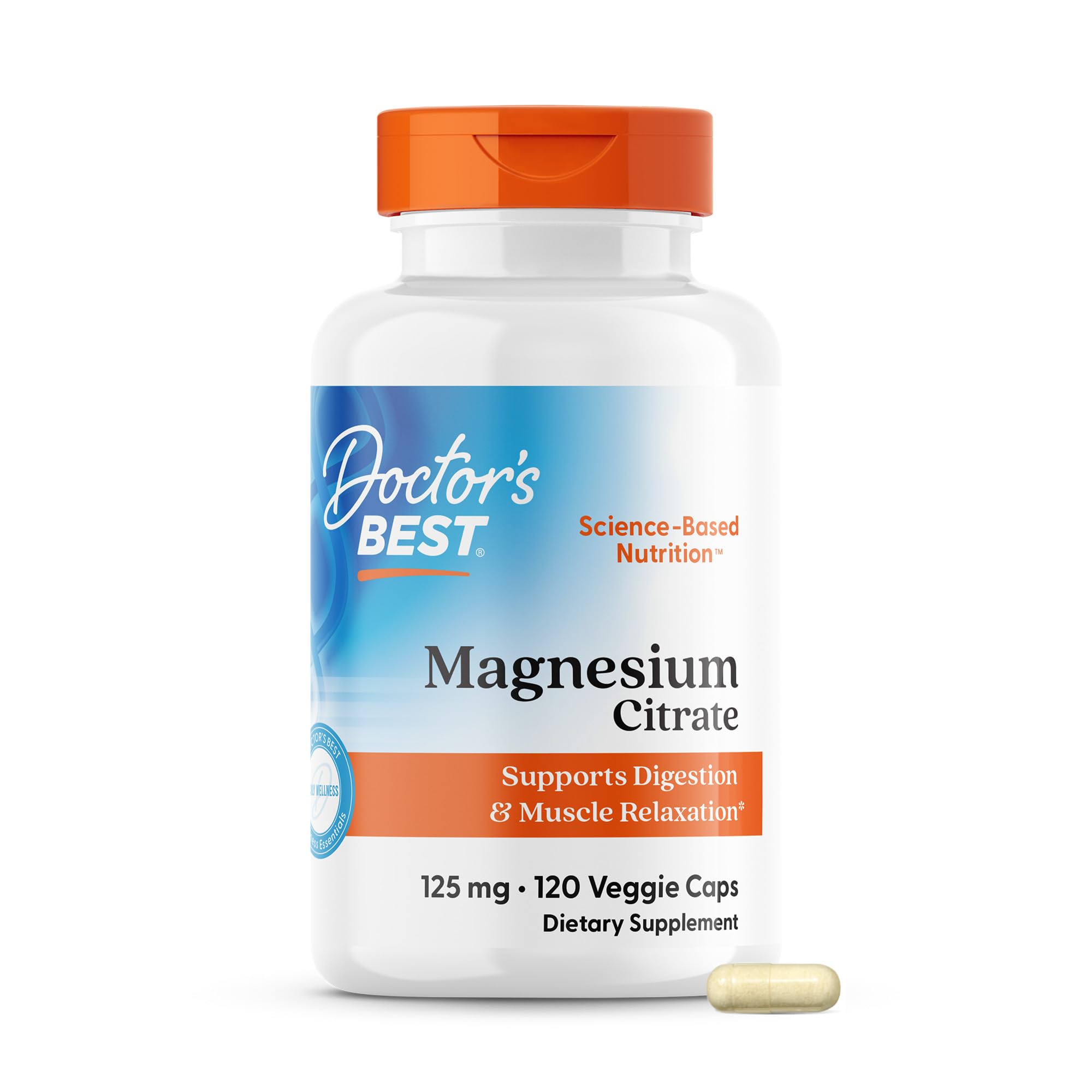Suplemento de citrato de magnesio Doctor's Best - Cápsulas de citrato magnético 125 mg para mujeres y hombres, apoyo para el sueño y la calma para adultos, alivio ocasional del estreñimiento, sin OGM, vegano, sin gluten - 120 cápsulas vegetales