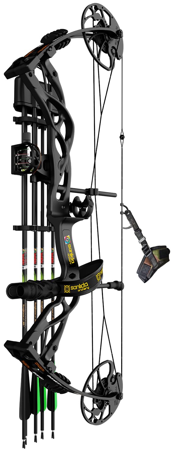 Sanlida Dragon X9 Kit de arco compuesto listo para cazar para adultos, paquete de arco de caza con 12 flechas de carbono, ajustable hasta 70 libras, no necesita prensa de arco, solo mano derecha