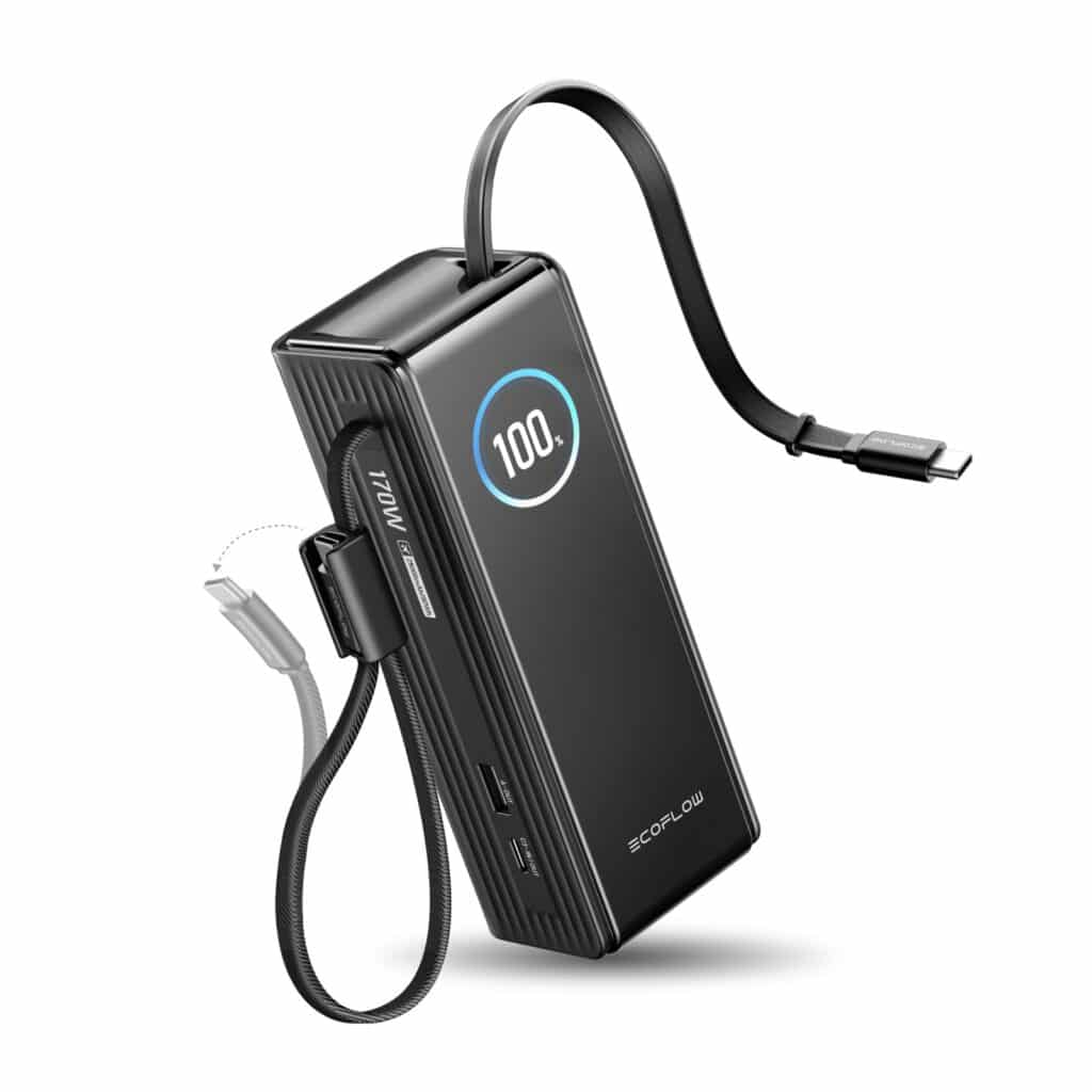 EF ECOFLOW Power Bank para computadora portátil, cargador portátil rápido de 25000 mAh, puertos USB-C triples de 100 W, cables retráctiles incorporados, carga rápida para iPhone 17/16 Series, MacBook, Samsung y más