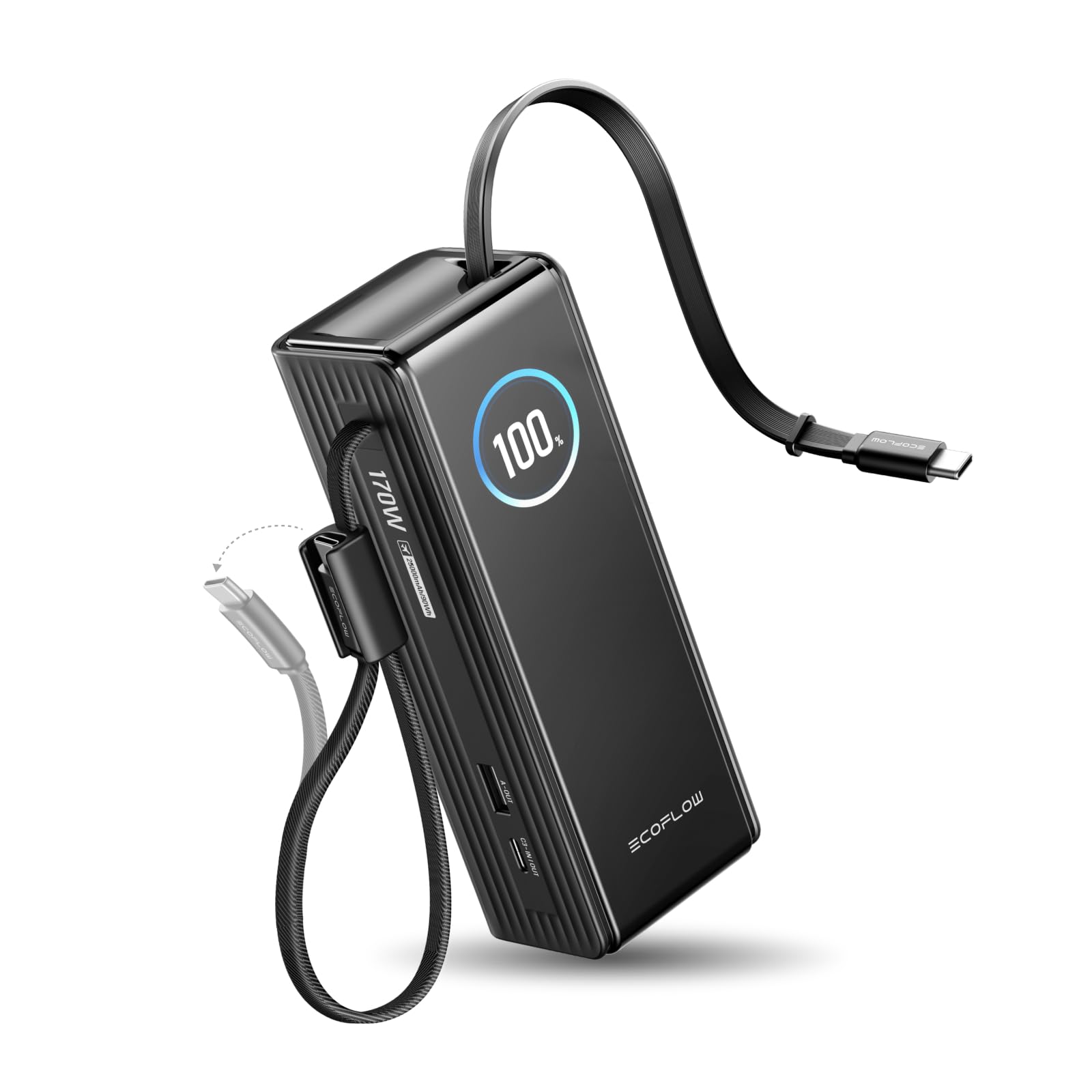 EF ECOFLOW Power Bank para computadora portátil, cargador portátil rápido de 25000 mAh, puertos USB-C triples de 100 W, cables retráctiles incorporados, carga rápida para iPhone 17/16 Series, MacBook, Samsung y más