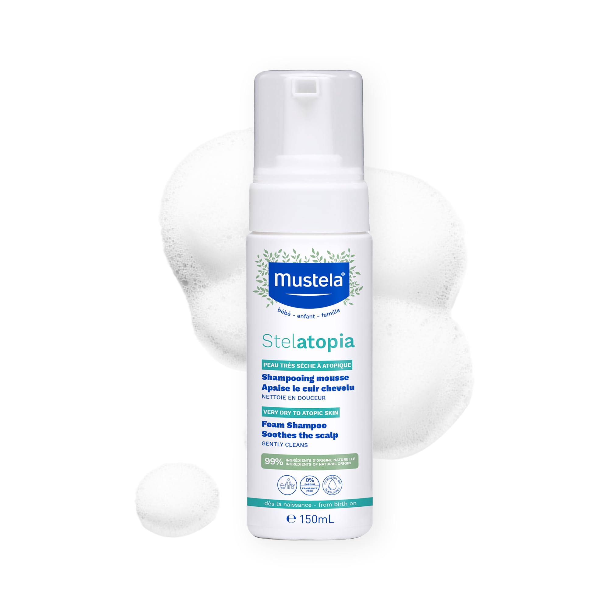 Mustela Stelatopia Champú en espuma para piel propensa a eccema para recién nacidos y bebés con - con aguacate natural y aceite de girasol - Sin fragancia y sin desgarros - 5,07 fl, oz,