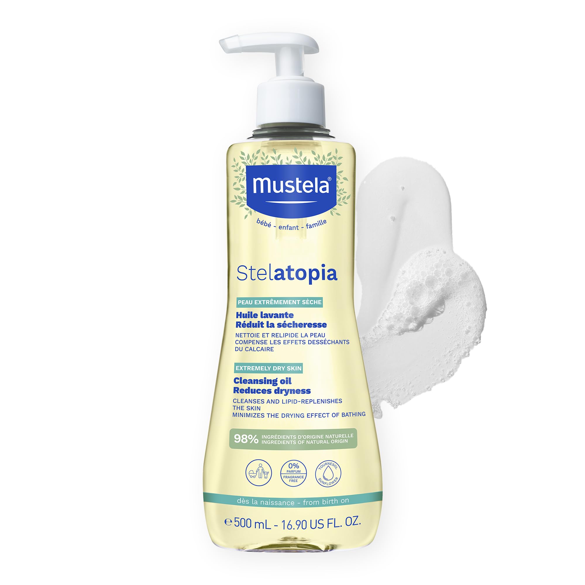 Mustela Stelatopia Aceite limpiador para la piel propensa al eccema - Gel de baño para bebé con aguacate natural y aceite de girasol - Esenciales para el cuidado de la piel familiar - Verificado por EWG - Sin fragancia y sin desgarros - 16,9 fl, oz,