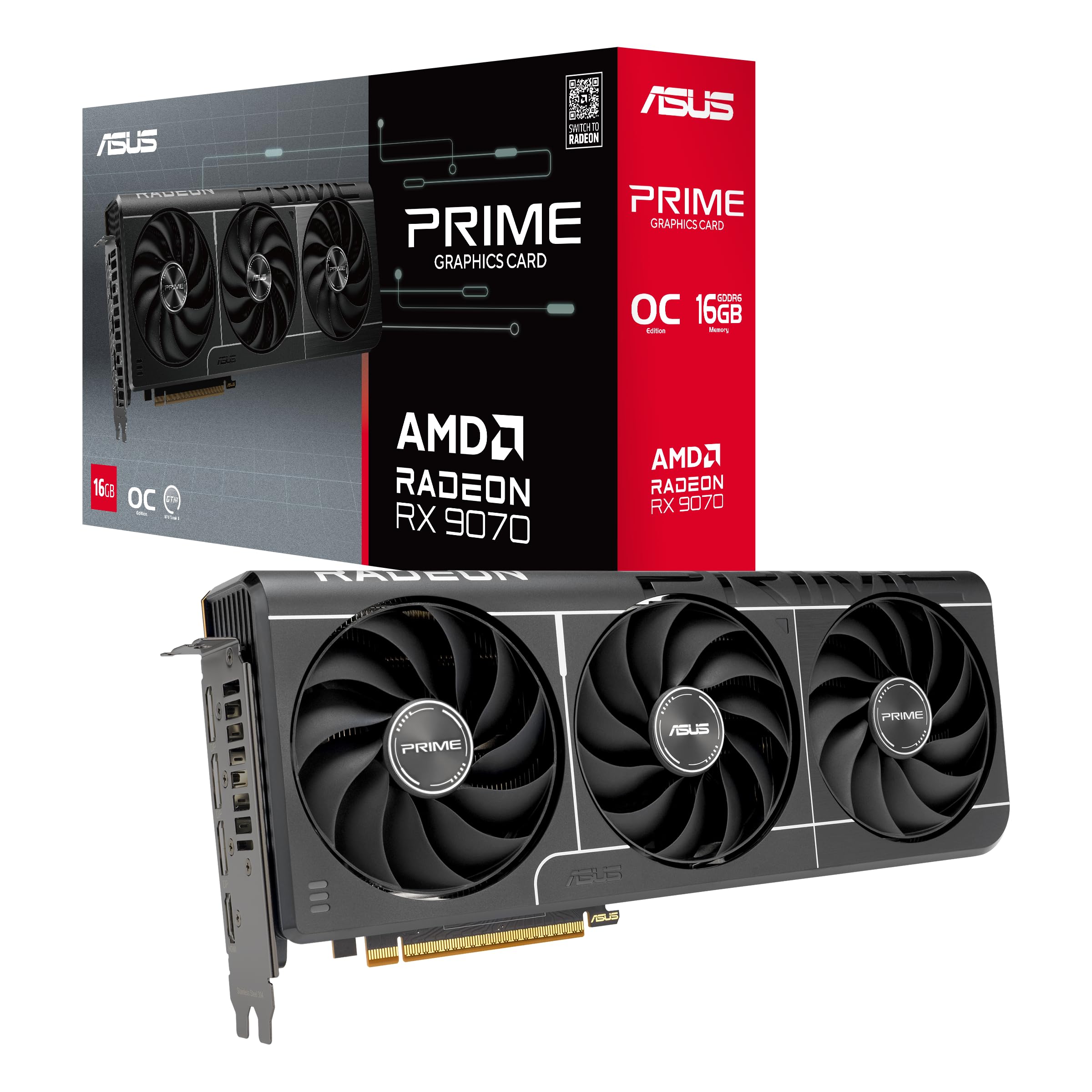 Tarjeta gráfica ASUS Prime AMD Radeon RX 9070 16 GB GDDR6 OC Edition, AMD, (PCIe 5,0, HDMI/DP 2,1, diseño de 2,5 ranuras, ventiladores de tecnología axial, rodamientos de ventilador de bolas duales, BIOS dual, protector de GPU), 3 años de garantía