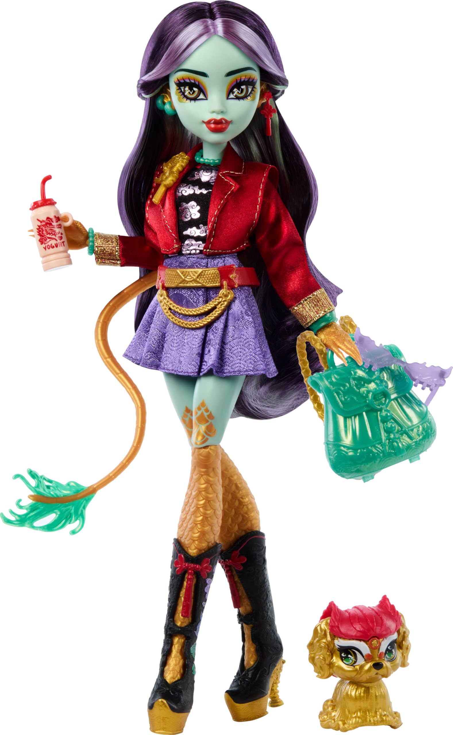 Muñeca larga Monster High Jinafire con perro mascota