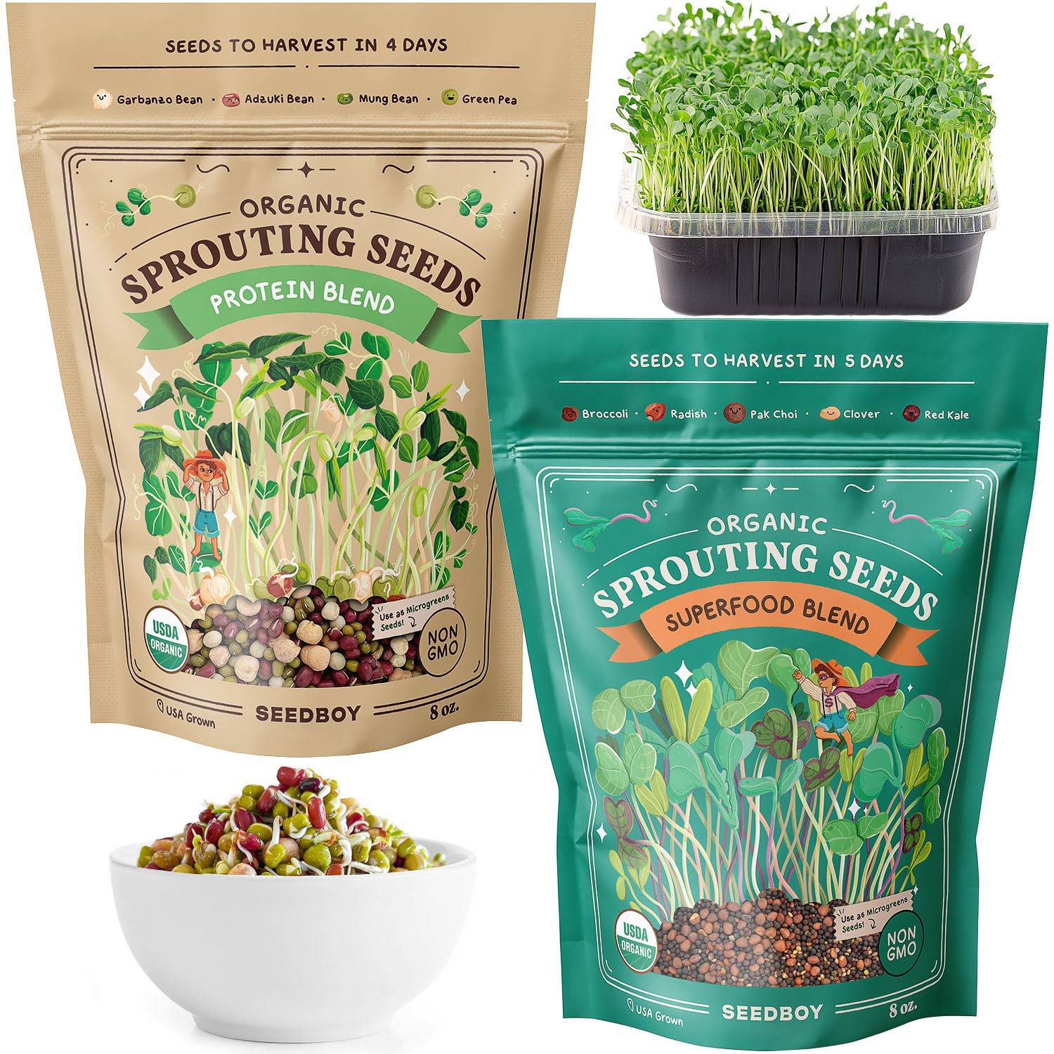 Seedboy Organic Non-GMO Sprouting Seeds 2-Pack (Superfood/Protein)